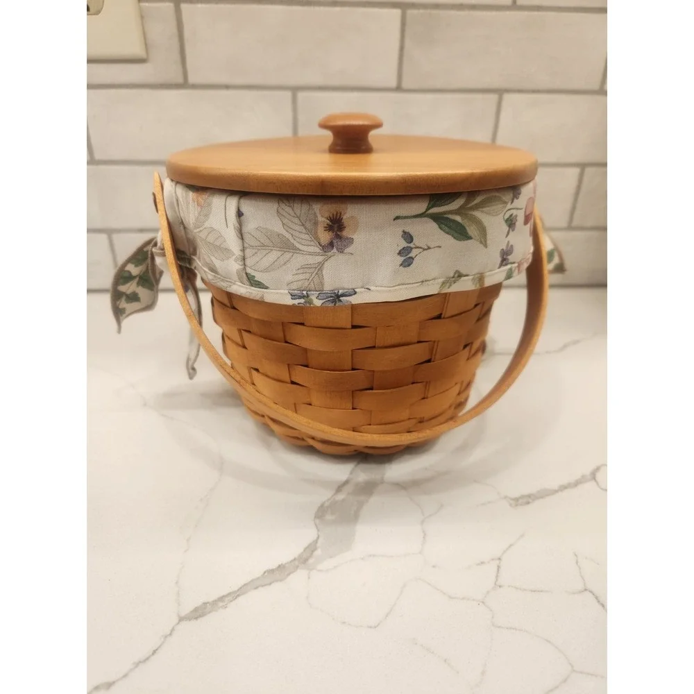 Longaberger Round Basket Garden Splendor Liner & Plastic Liner And Wood Lid 1998